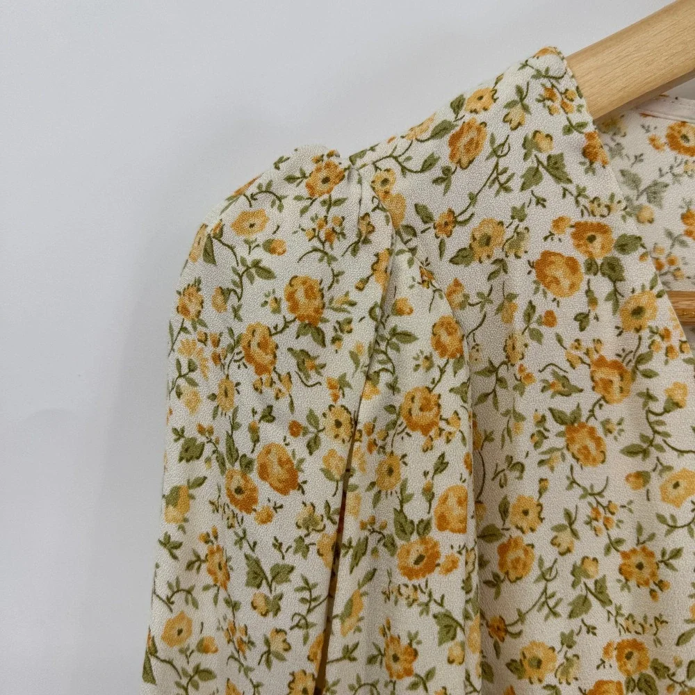 Reformation Floral Long Sleeve Button Front Top White Yellow Small Country NWT